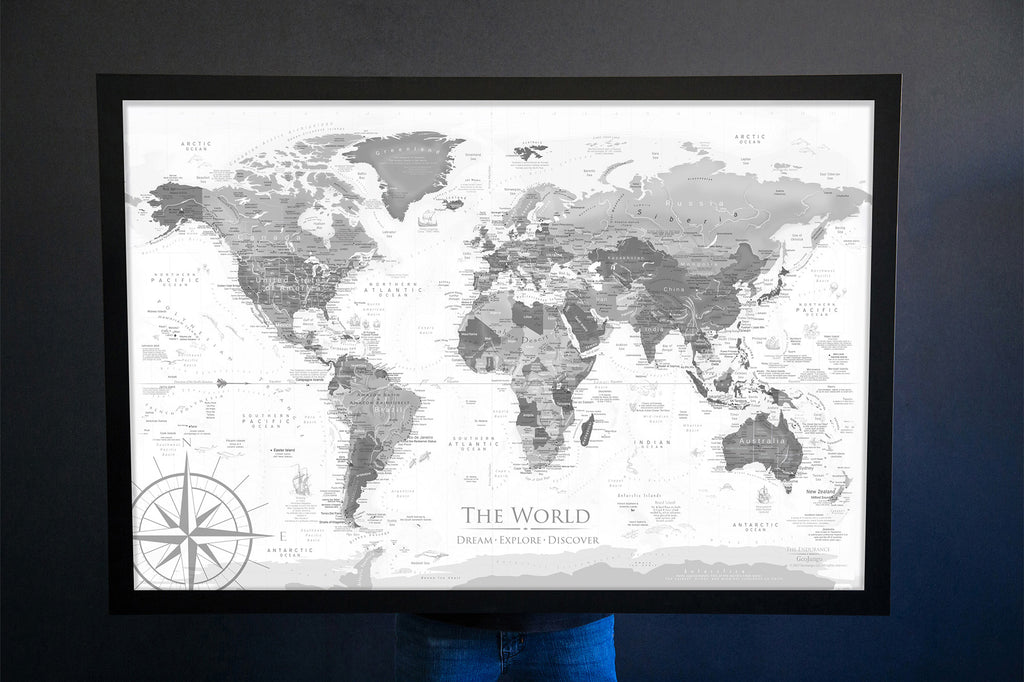 world map wall art black white