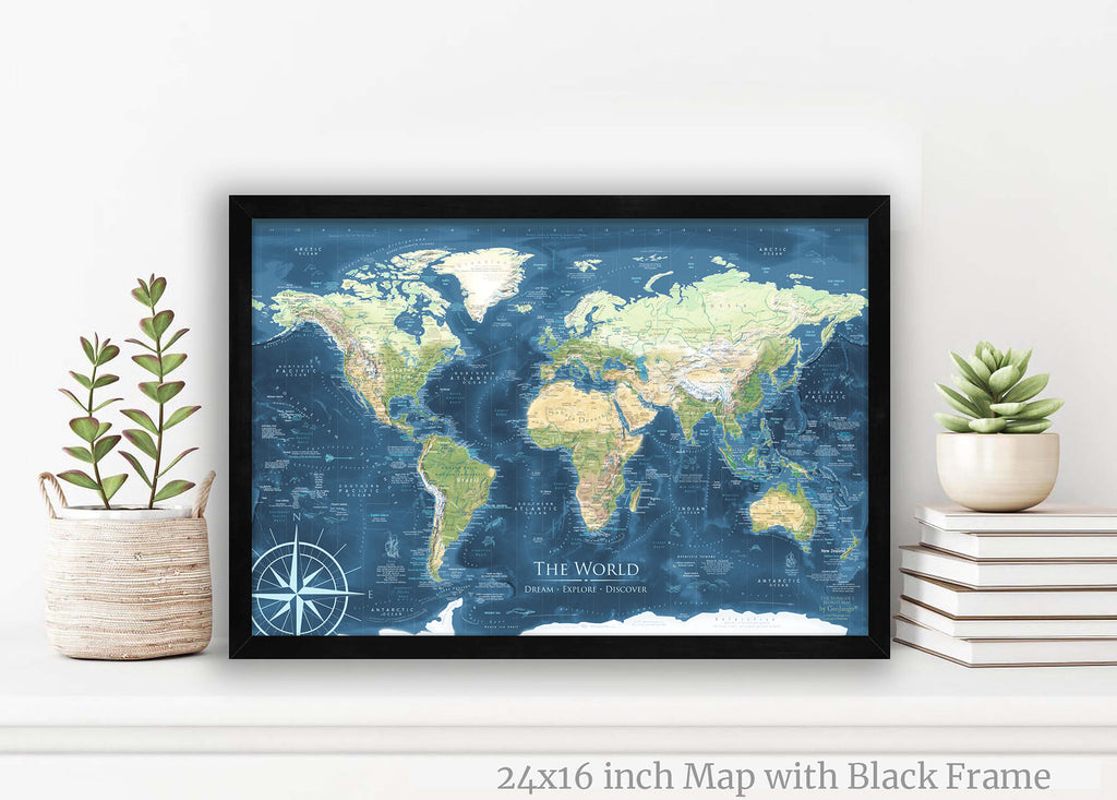 small world pushpin map with blue oceans
