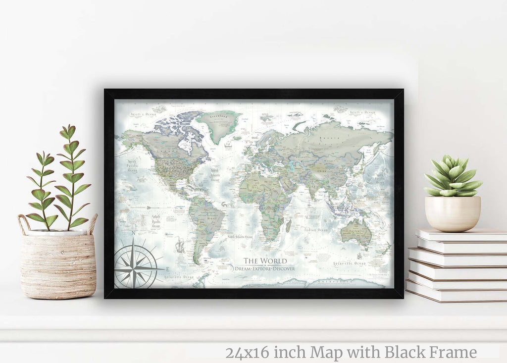 vintage world map in a black frame