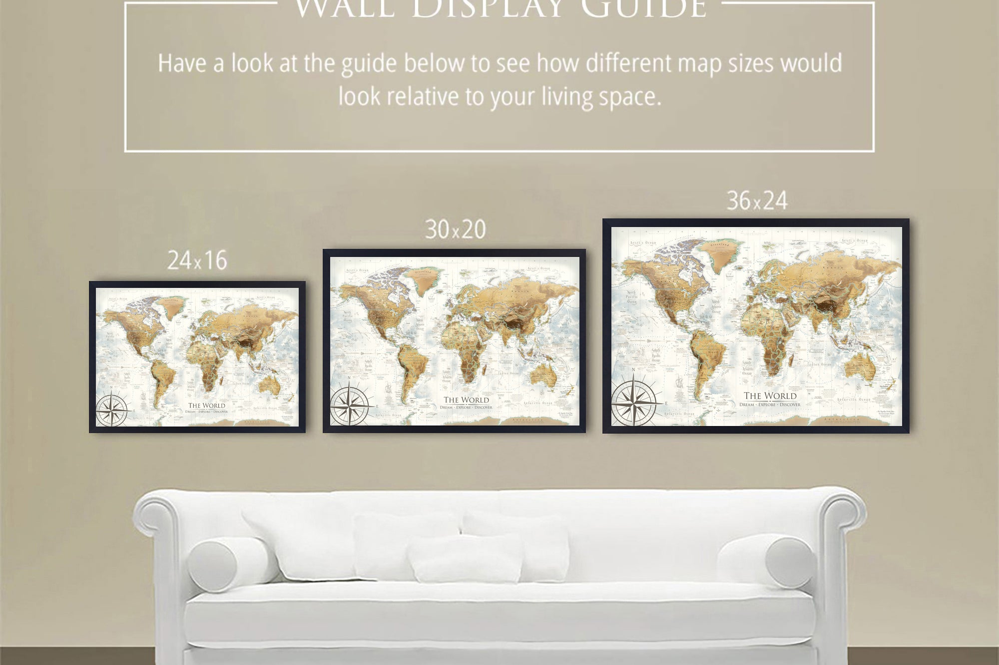 Wall Display Guide - Size Comparison for types of world maps
