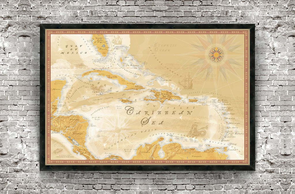 Antique Caribbean Islands Map on brick wall