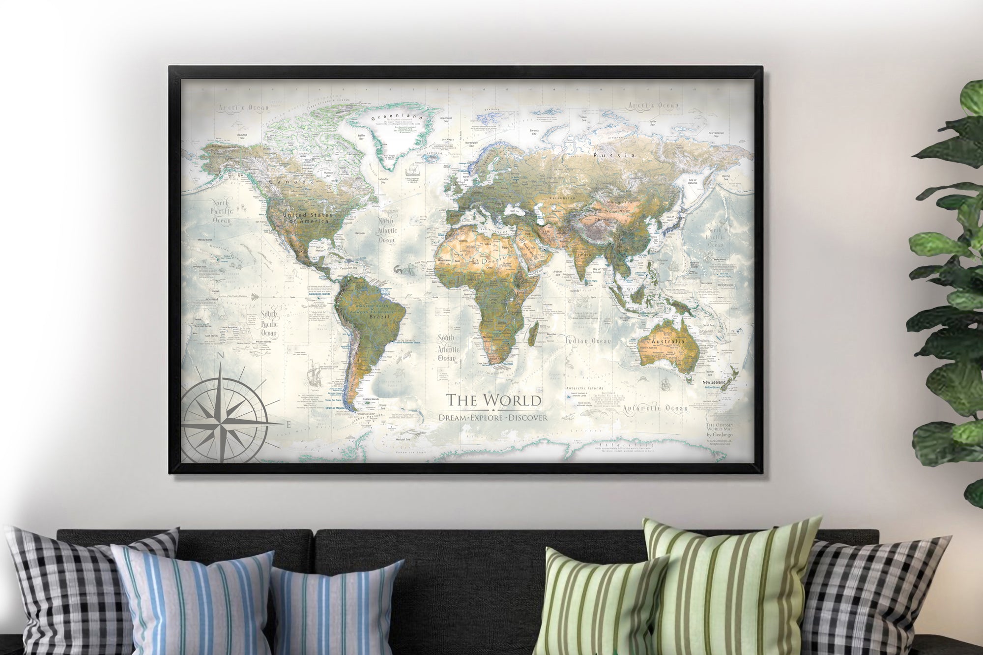 travel pin map in a living room