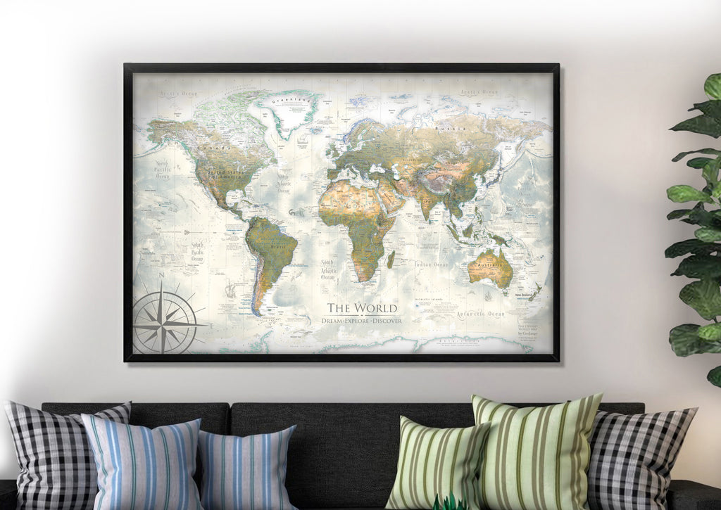 travel pin map in a living room