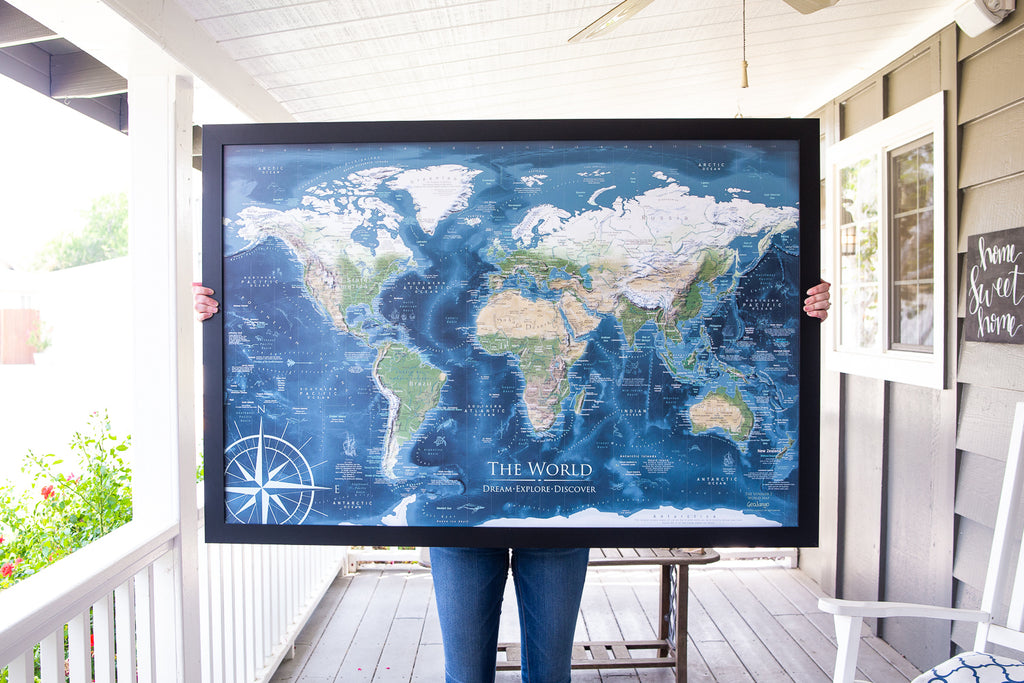 large world map with pins