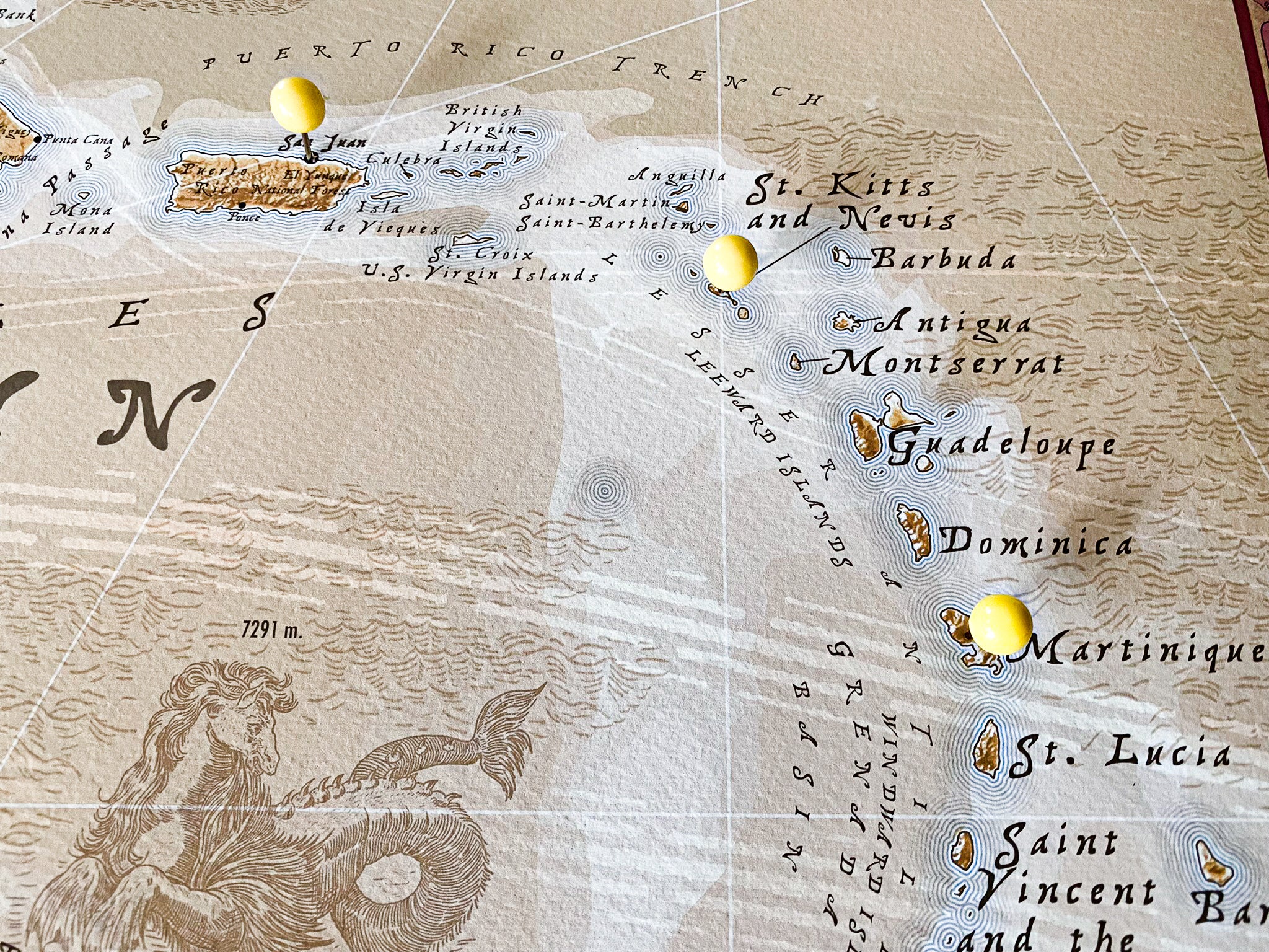 Vintage Caribbean Map - Push Pin Travel Map - Nautical Wall Art