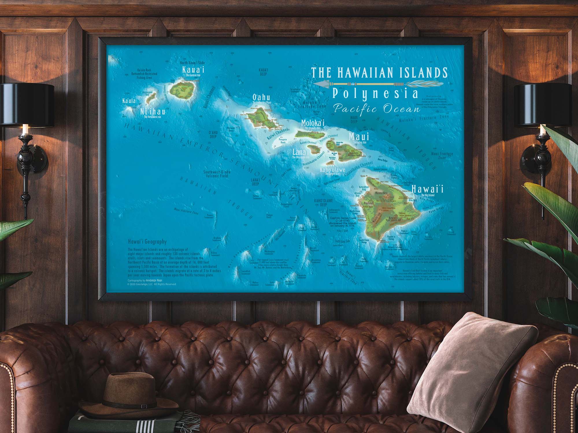 Framed Hawaiian islands map
