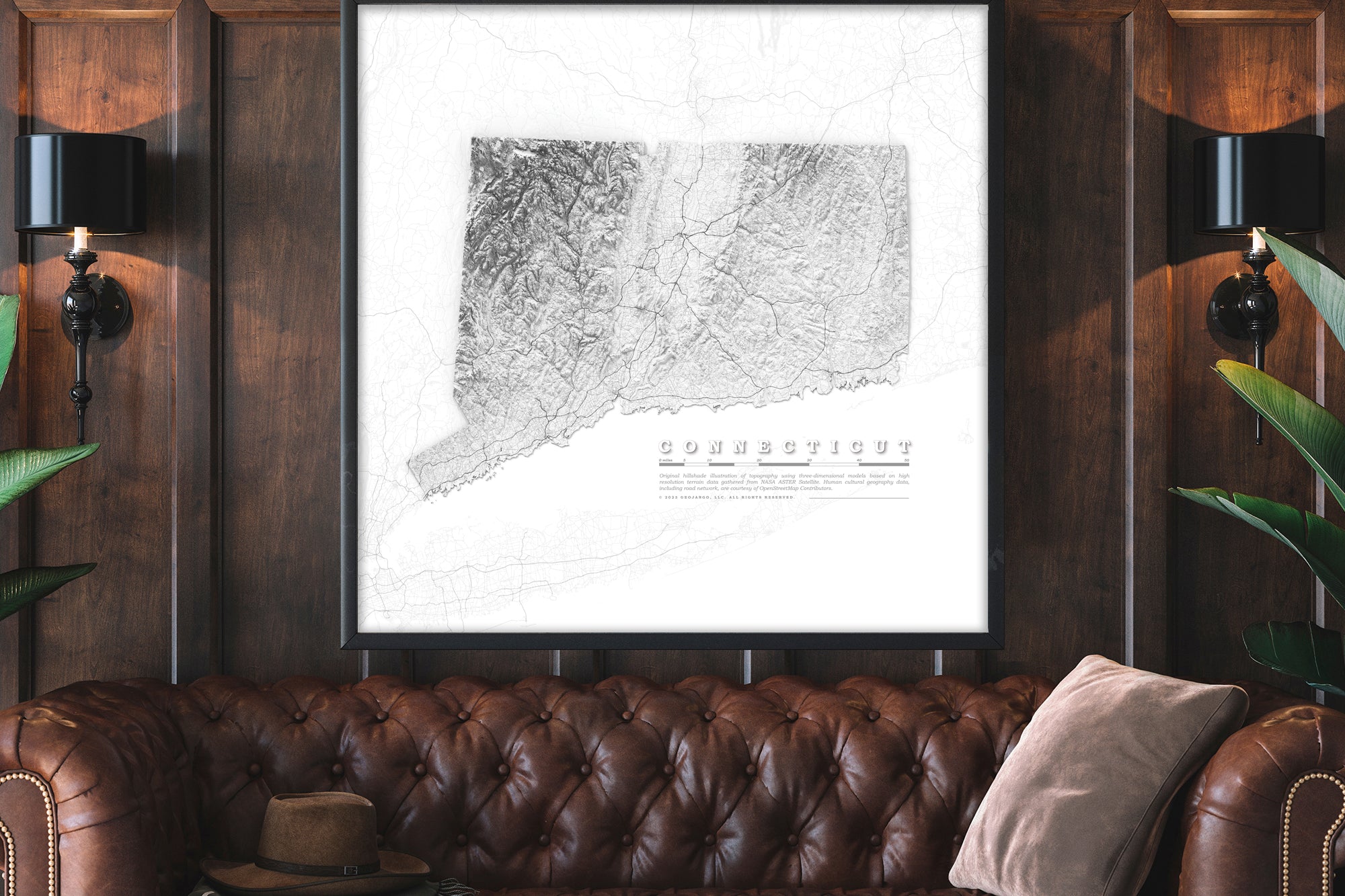 Large framed map of Connecticut topography