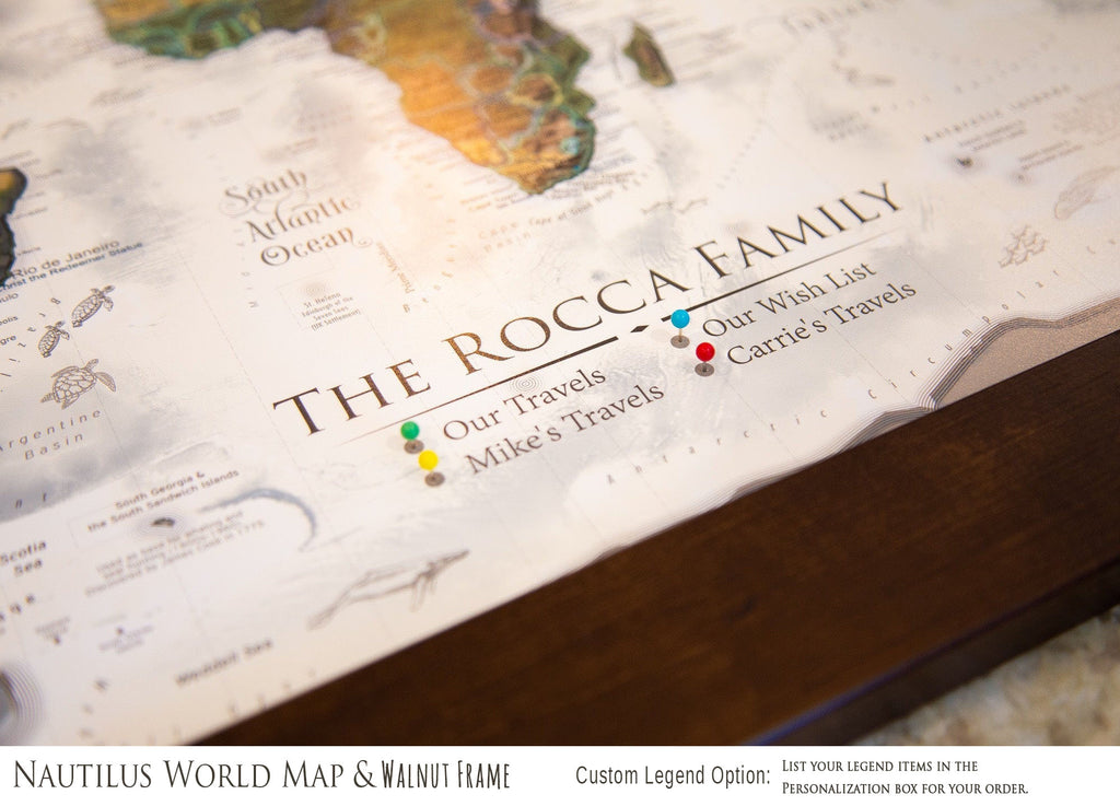 personalized travel map with pins - family adventures legend with names