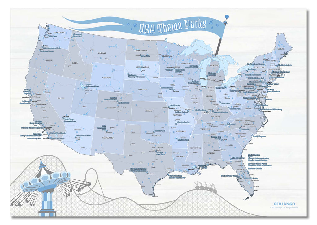Theme Park Map Poster Best Amusement Parks in the US GeoJango Maps