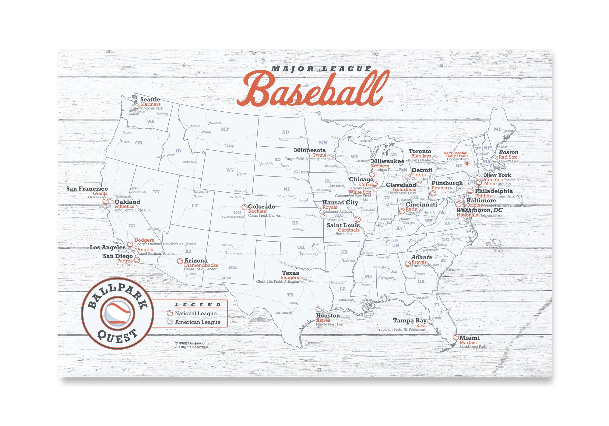 MLB Teams Map, Baseball Stadium Poster Blue Edition GeoJango Maps