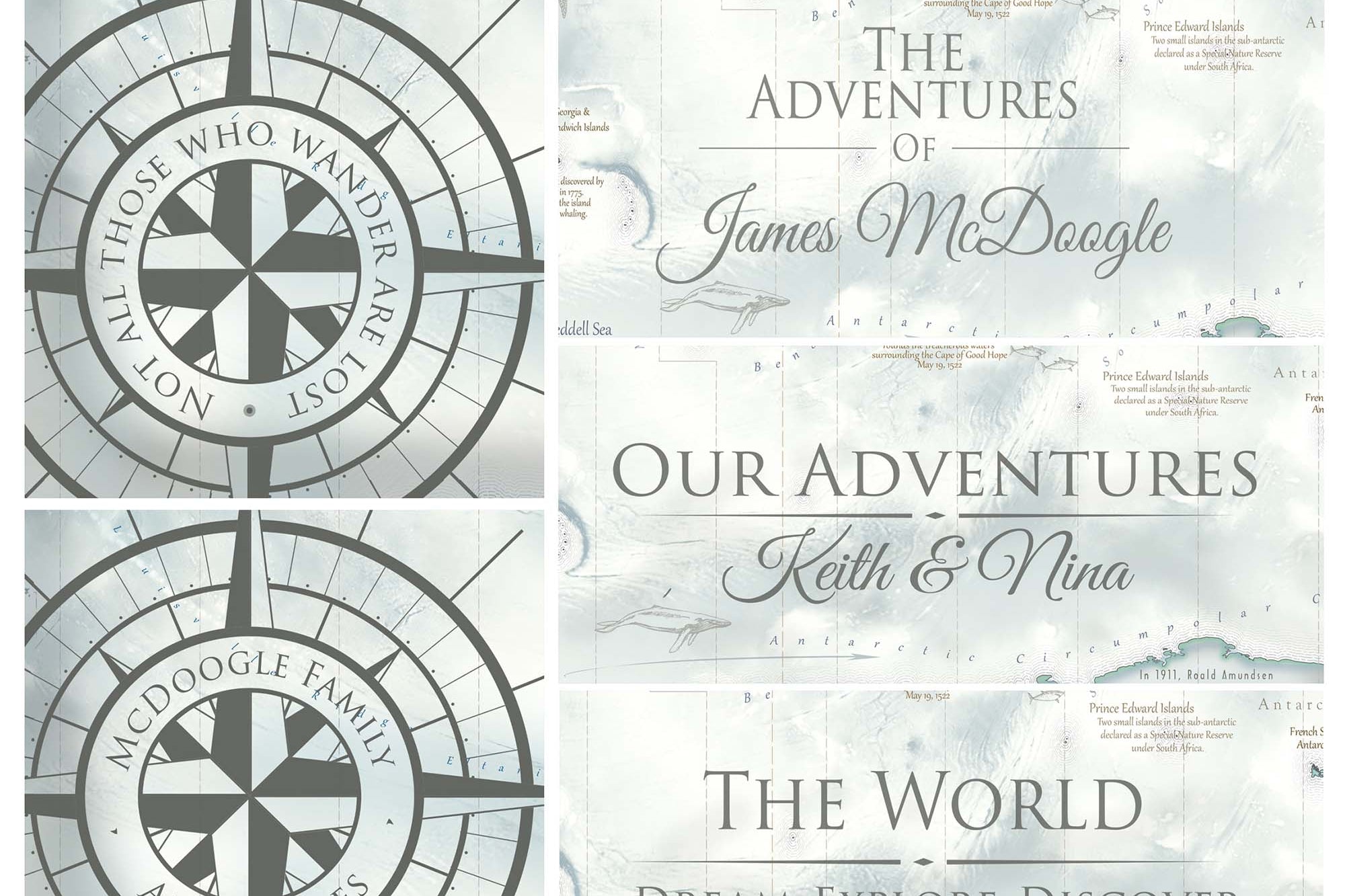 personalized world map custom options - compass, legend, titles. Include your family names or logo