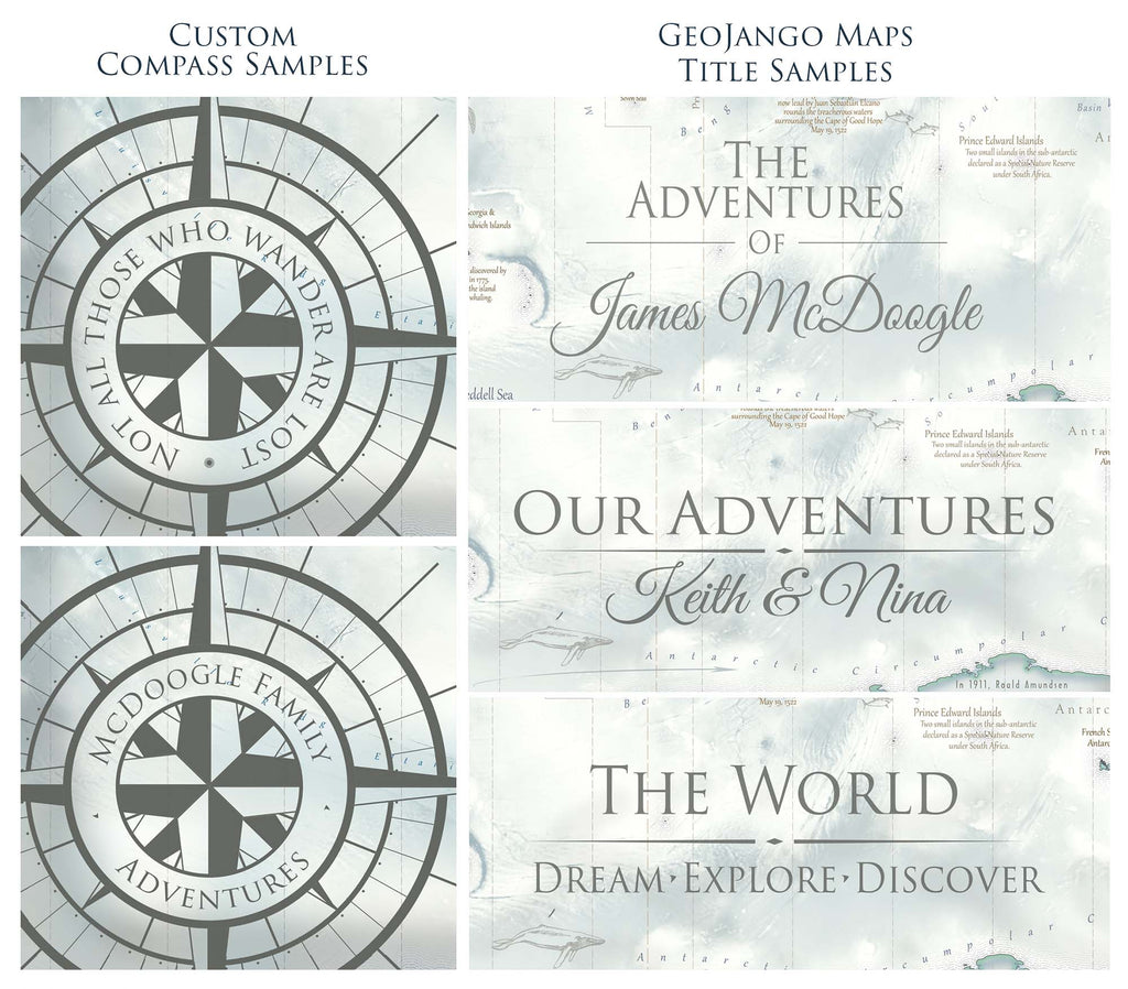 personalized world map custom options - compass, legend, titles. Include your family names or logo