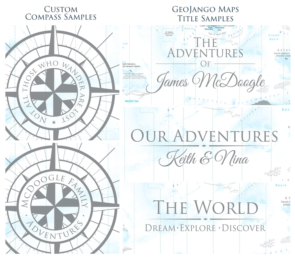 Customization options for personalizing your custom travel map with pins. Compass, legend, titles - include names or logos!