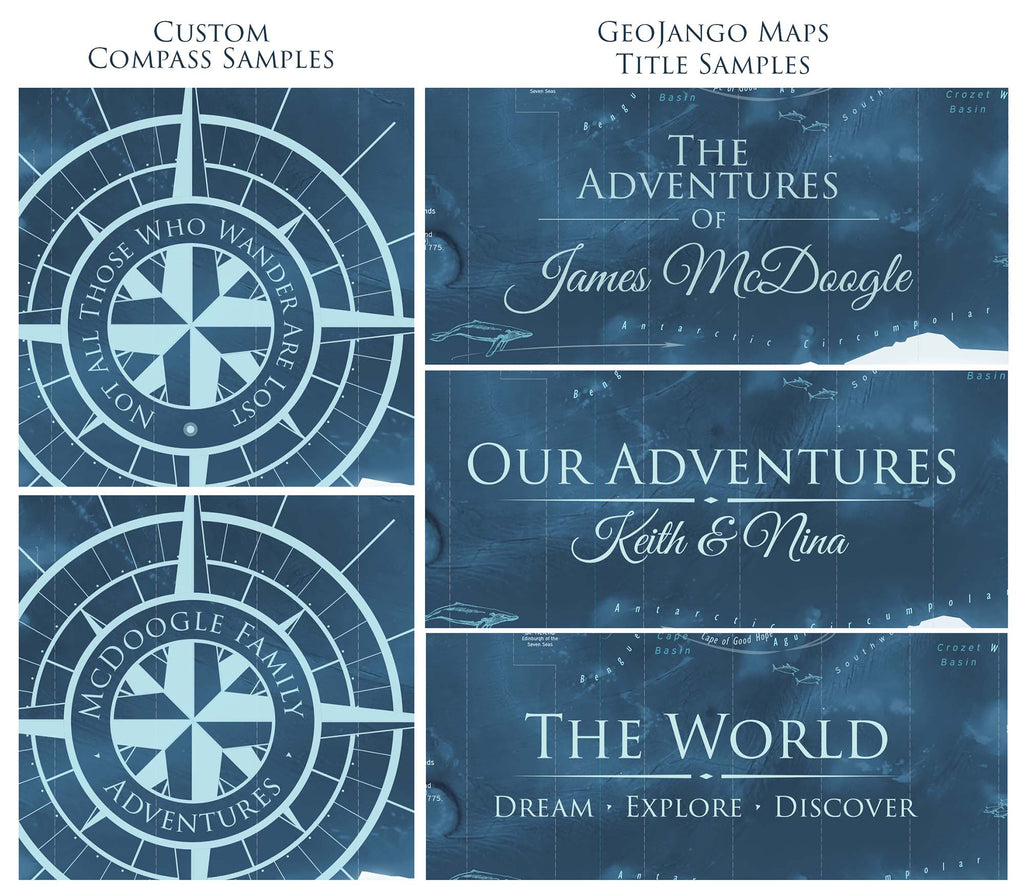 Personalization options for your world push pin maps - legend and compass