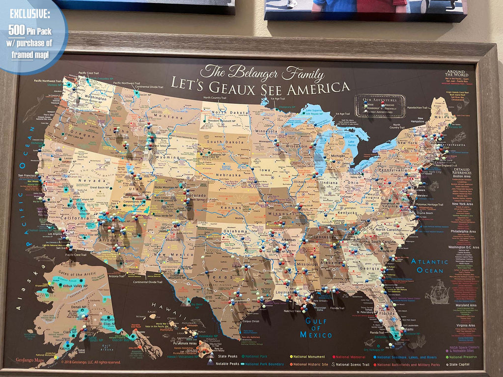 A customer's personalized national parks map, full of pins from their travels!