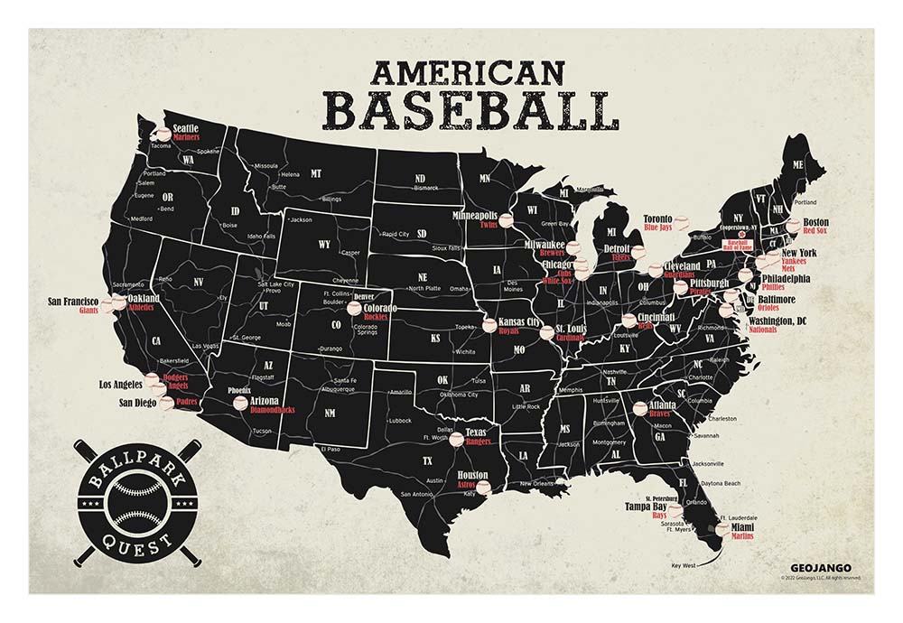 Baseball Stadiums Map Checklist  11x14  White