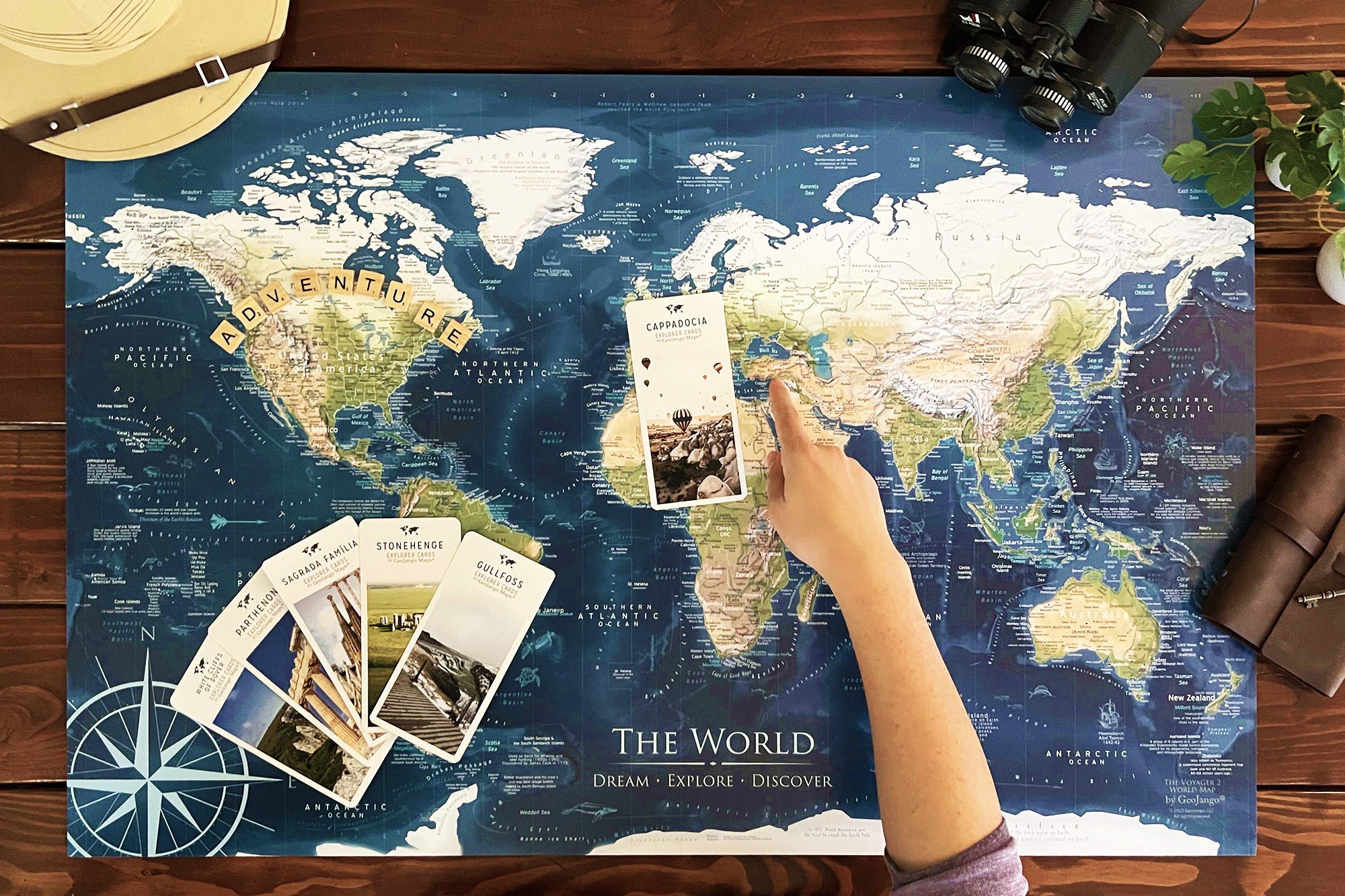 push pin world travel map canvas - blue explorers map