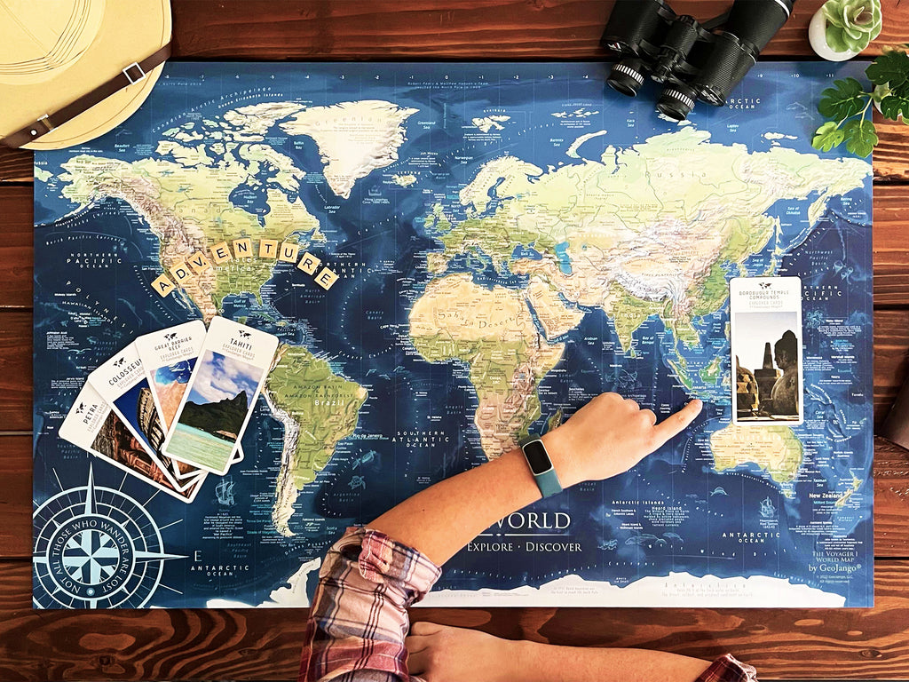 World Push Pin Travel Map in blue on wood