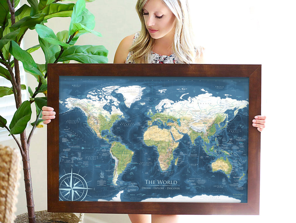 framed pin map of the world blue