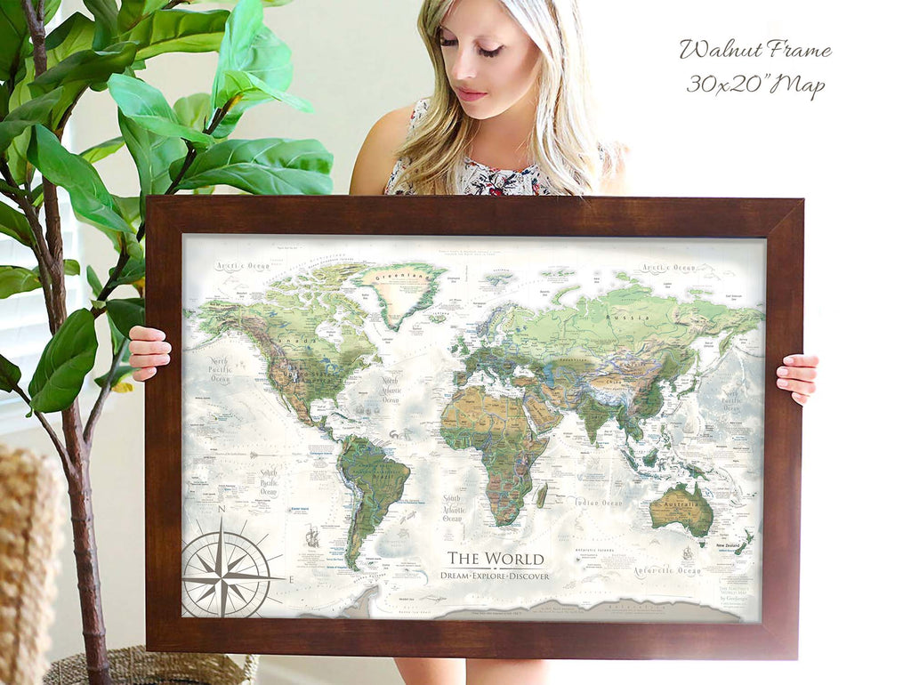 Walnut framed map of the world in canvas