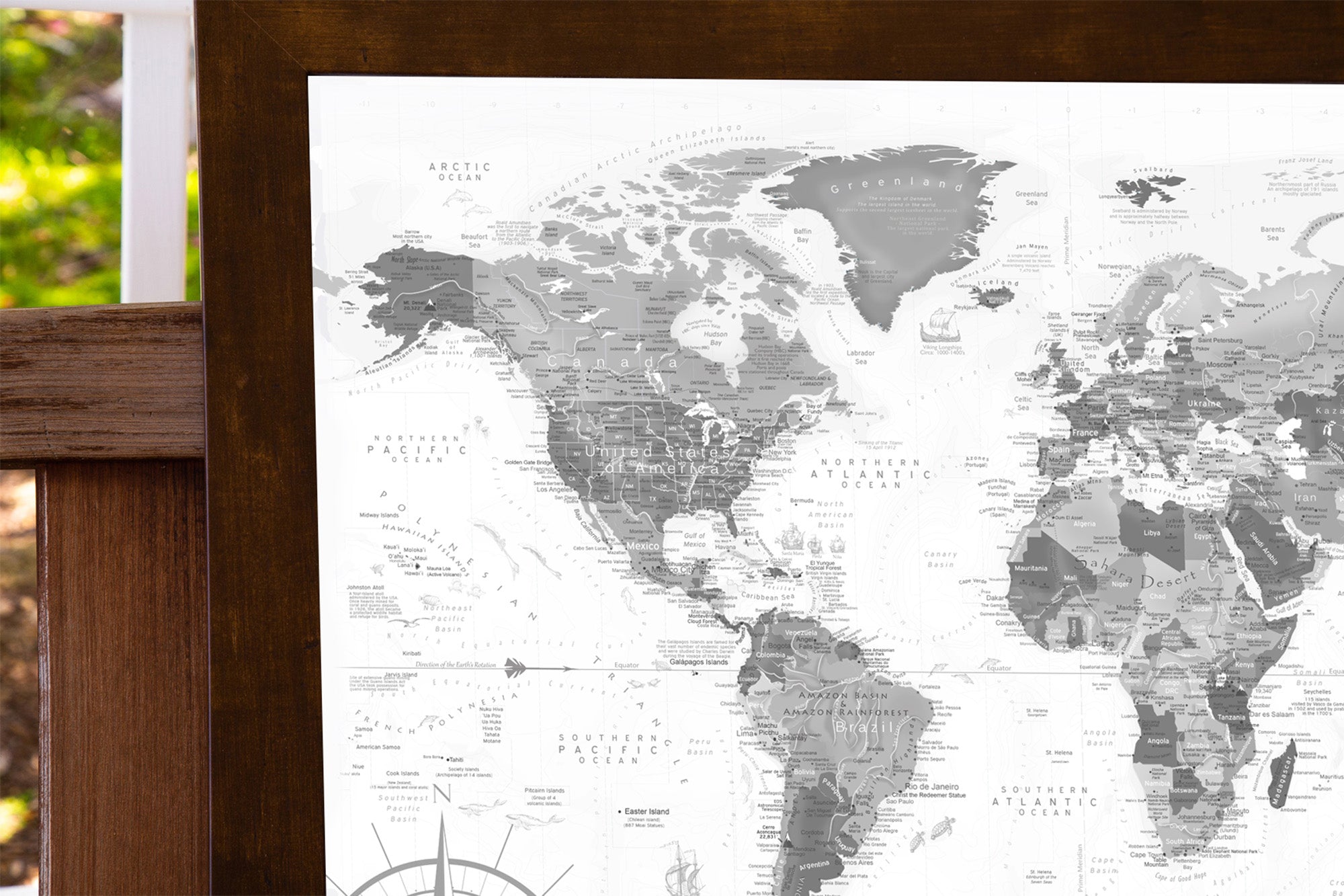 detail of north america framed push pin world map