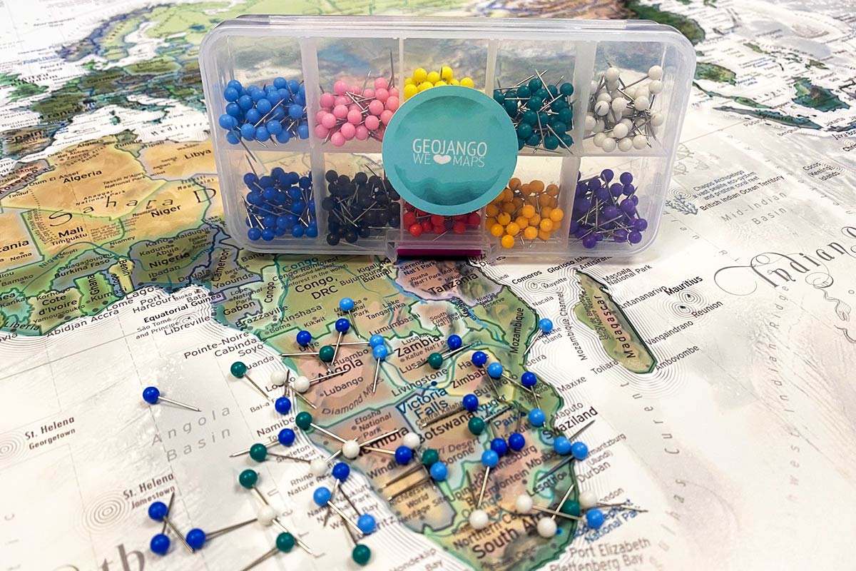 Map Pattern Pin Dropper 500 Multi-Colored Map Push Pins – GeoJango Maps