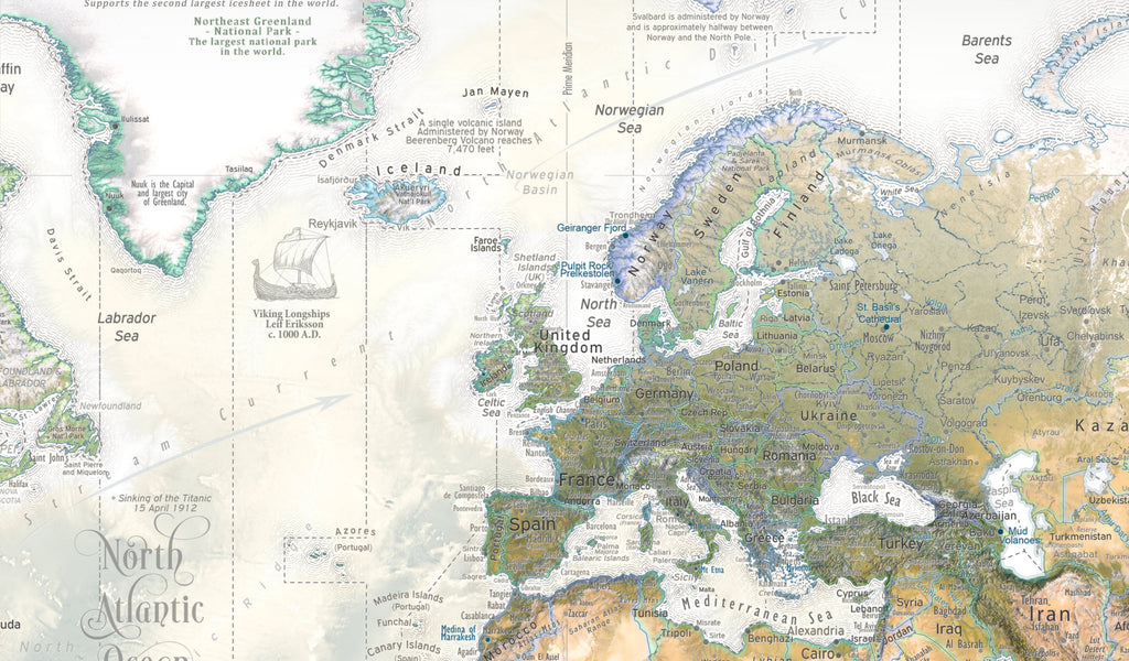 European coastlines on a map with pins