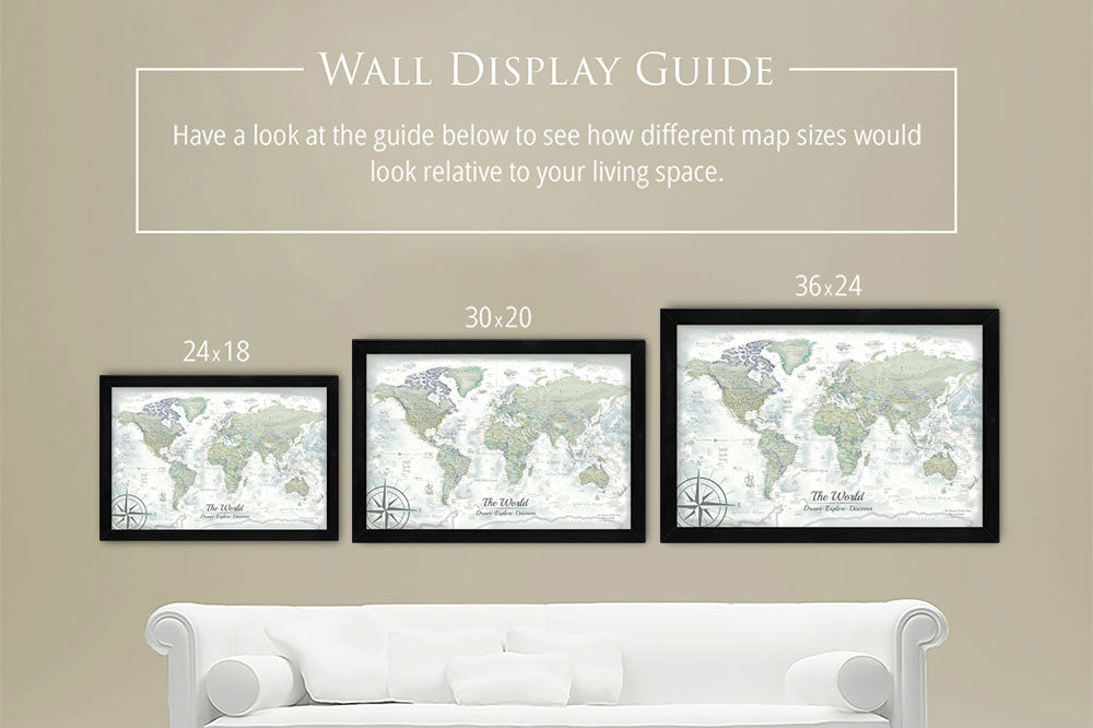 Wall art display guide - size comparison of framed canvas pinnable maps