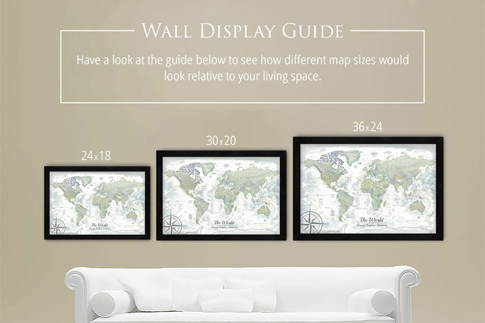 Wall art display guide - size comparison of framed canvas pinnable maps