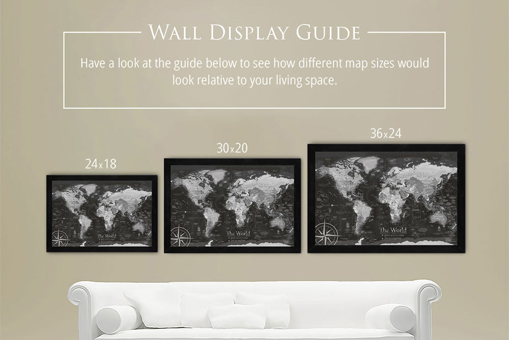 framed world map size comparison on wall